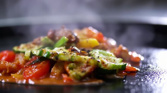 Delicious vegetable dish with zucchini and tomatoes close up, steaming and sizzling