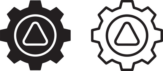 Vector art of two gears, one solid black and one outlined in black, each with a triangle inside a circle, icon on