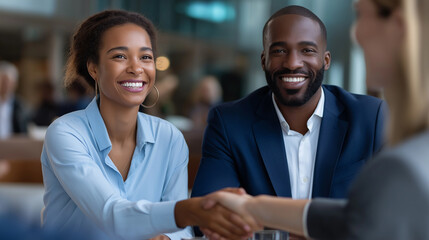 Confident businesswoman shaking hands with a client during a meeting. Team members smiling, symbolizing partnership, trust, success, and professional collaboration in a modern corporate office.
