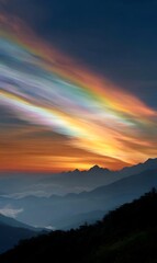 Fototapeta premium Breathtaking Sunset Over Mountains with Colorful Clouds and Soft Light Display