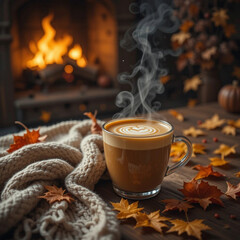 steaming latte on a wooden table