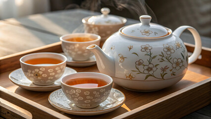 vintage tea set on a white table with hot tea in a cup and teapot