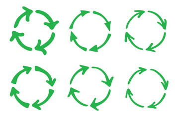 Set of hand drawn recycle arrow icon Recycling resources symbol Reuse of materials, zero waste, green environment, saving the planet