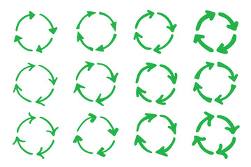 Set of hand drawn recycle arrow icon Recycling resources symbol Reuse of materials, zero waste, green environment, saving the planet