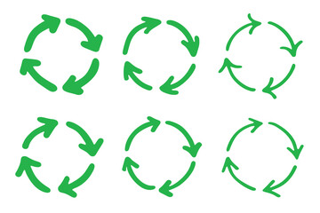 Set of hand drawn recycle arrow icon Recycling resources symbol Reuse of materials, zero waste, green environment, saving the planet
