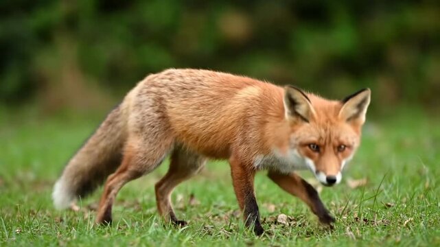 Alert Red Fox Standing on Green Grass Field in Detailed Close Up Portrait of a Wild Fox in Natural Setting with Blurry Green Background at Daytime for Stock Footage Use 200 Characters