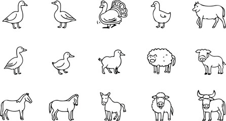 Farm animals line icon set consisting of delicate.