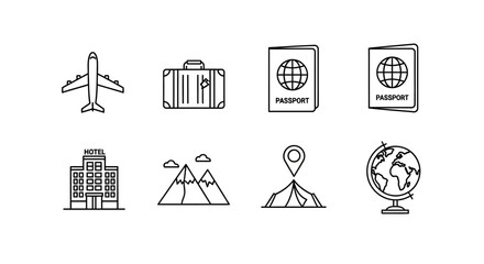 Set of travel icons simple line art vector design for tourism and adventure isolated on white backgr