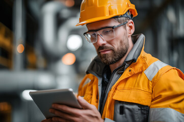 Focused male engineer wearing safety helmet and reflective jacket uses a digital tablet inside an industrial plant. Concept of smart manufacturing, maintenance, inspection, and modern engineering.