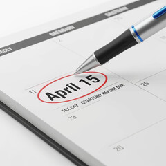 Don't miss tax day! April 15 circled on calendar, reminding of deadlines and quarterly reports using modern pen, professional finance planning