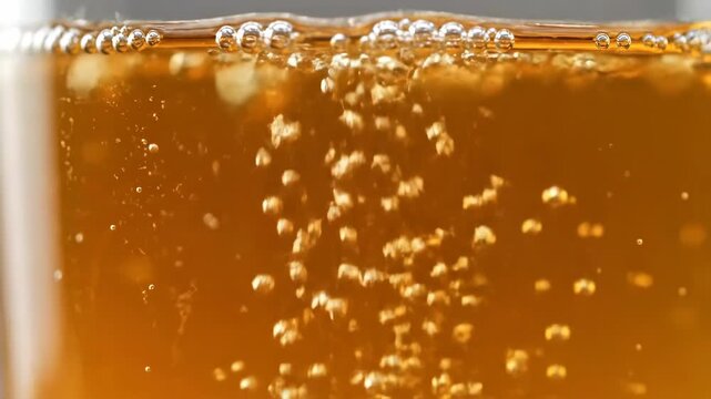 A close-up macro shot of effervescent golden liquid with a cascade of bubbles rising, a concept of refreshment and fizz