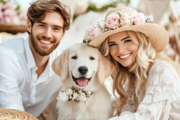 A Day of Bliss: A radiant couple and their beloved golden retriever, framed by delicate floral arrangements, exuding warmth and tenderness. A celebration of companionship, joy and love.