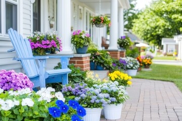 Serene Porch Adorned with Blossoms: An inviting porch, embraced by the vibrancy of blooming flowers and a comforting blue chair, perfect for relaxation.
