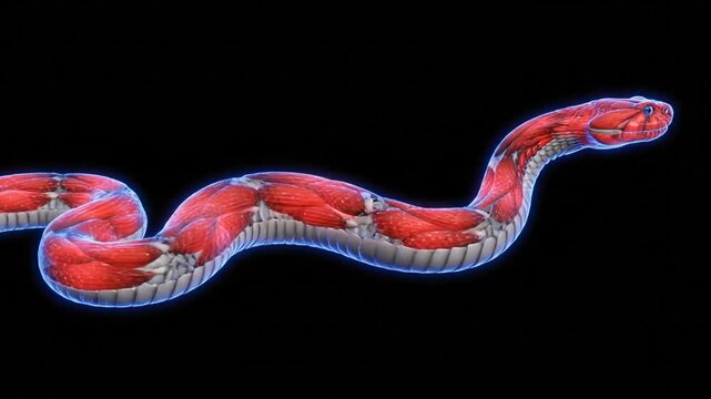 Animated Red Snake Crawling on Isolated Black Background Seamless Looping with Intricate Muscle Details for Educational Materials and Wildlife Presentations around the Globe