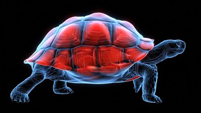 Animated Turtle Walking Cycle Loop with Red Shell and Black Body on Black Background Slow Motion Animation for Educational Science Videos and Nature Awareness Advertisement