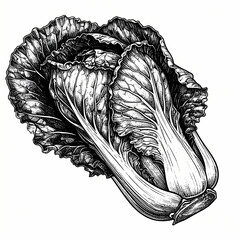 Detailed black ink Napa cabbage engraving features intricate lines and shading; isolated.