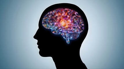 A human head silhouette with a vibrant mosaic brain, a concept for intelligence, creativity, psychology, and the state of mind.