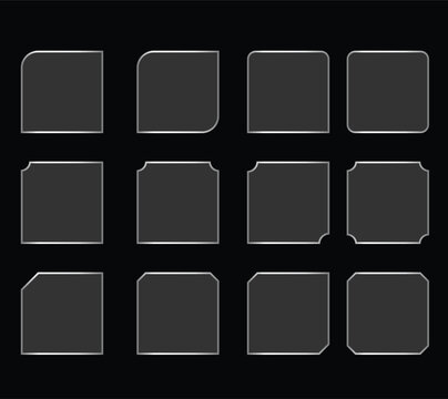 Collection of twelve glass effect different rounded corner square frames on a black background