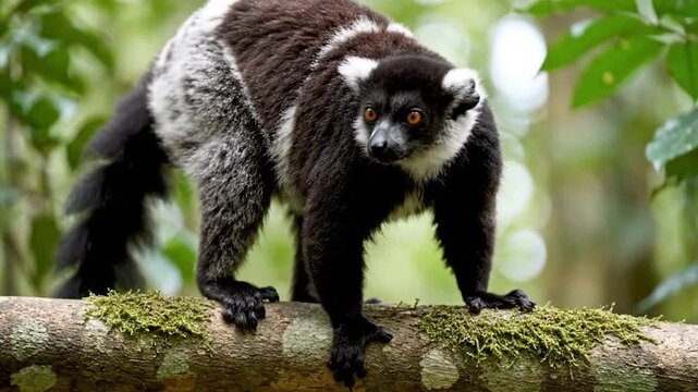 Black and White Ruffed Lemur Perched on Tree Branch in Madagascar Rainforest Ecosystem Exhibit Vivid Details of Fur Texture and Jungle Foliage Under Bright Ambient Lighting Animal Theme