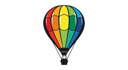 Obraz premium Vibrant rainbow colored hot air balloon with black basket floating against a clean white background
