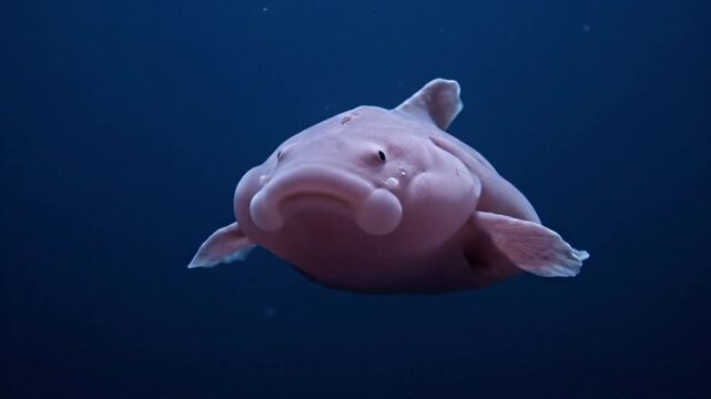 Blobfish Facing Camera Against Dark Blue Backdrop in Slow Motion Loop Blobfish in underwater setting for educational resource and presentation material for commercial use