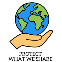 Logo about the planet earth sphere background with outstreched hands behind the white word PROTECT WHAT WE SHARE. This logo is about environment and is suitable for various commercial uses.