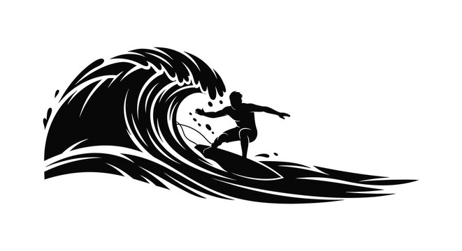 Silhouette of a surfer riding a massive crashing wave in a dynamic black and white illustration