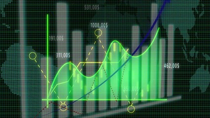 Digital Financial Bar Chart and Line Graph with Global Map Overlay finance stock market. Financial analytics: digital bar and line chart showing market trends over world map. - Powered by Adobe