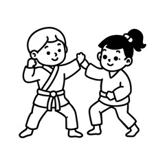 Cute Line Art Martial Arts Kids Bowing In Dojo