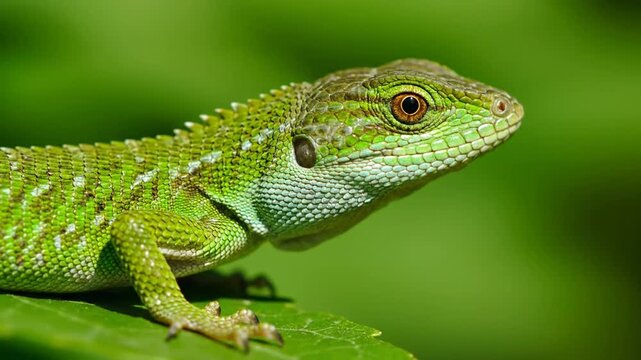 Close-up of a Green Crested Lizard on a Leaf with Detailed Scales and Textures Showing its Natural Patterns and Colors under Bright Daylight in a Lush Garden Setting