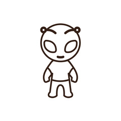 line art of alien character with a green body, wearing a yellow t-shirt. The alien has large, dark brown oval eyes, a small smiling mouth, and two small pink antennae-like bumps on its head
