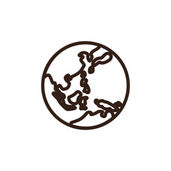 line art of the Earth, showing green landmasses against a blue ocean background. The visible continents appear to be parts of Asia and Australia, outlined in dark brown