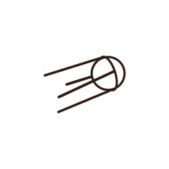 line art of a satellite, resembling Sputnik. It has a light grey spherical body with a dark outline, and three dark brown, thin antennae or rods extending from one side, suggesting motion