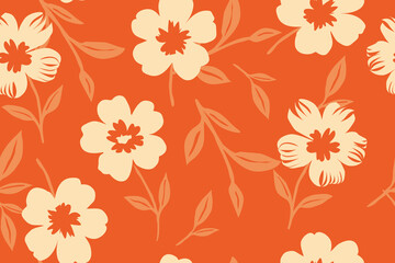 Vibrant orange floral pattern with cream blossoms and soft leaves, creating a retro yet modern style perfect for fabric, wallpaper, and summer design projects.