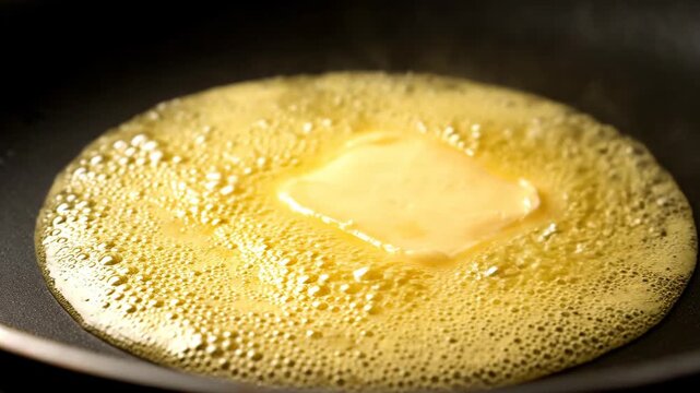 Close-up of a vibrant yellow pat of butter gently melting and bubbling in a hot skillet, illustrating the transformation from solid to liquid, essential for culinary preparations