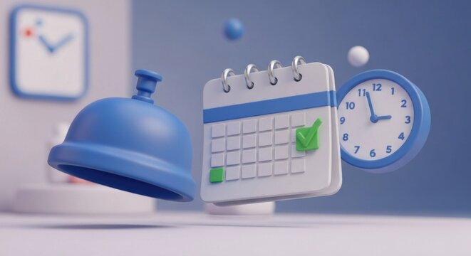 3D rendered schedule, bell, clocks, and spheres floating on pastel background