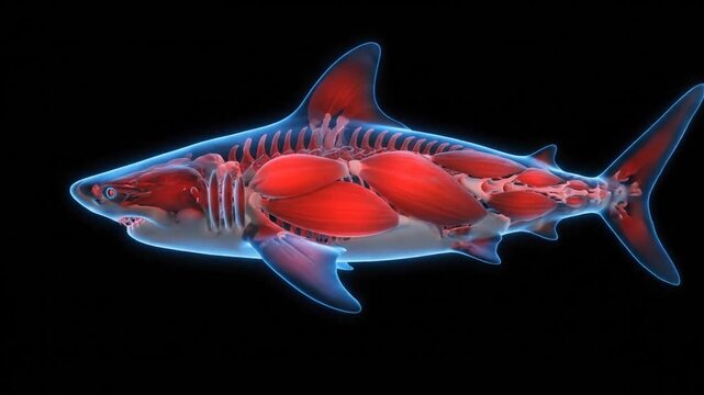 Detailed 3D Anatomy of a Shark with Visible Muscle Structure Loop on Black Background Medical Visualization of Muscular System and Bone Structure with Red Muscle Tissue and Blue Outline
