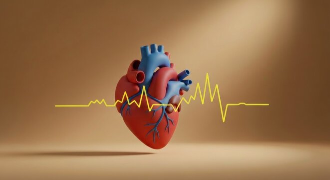 Anatomical heart model with EKG line against a neutral tan gradient background