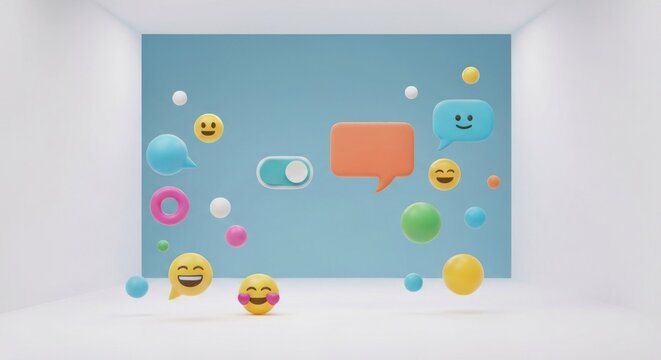 Animated chat bubbles & emojis float in a simple white & blue room