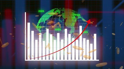 White bar chart with upward red arrow and globe overlay on a dark grid background with falling coins. Digital market progress with upward bars, red arrow and falling golden coins. - Powered by Adobe