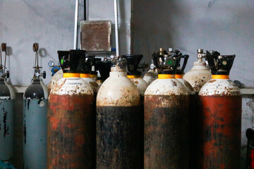 Oxygen cylinder in the store room in the factory, close-up of the photo