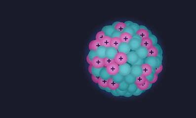 3D illustration of an atomic nucleus composed of colorful protons and neutrons, glowing softly against a dark background, symbolizing nuclear energy, physics, and subatomic structure