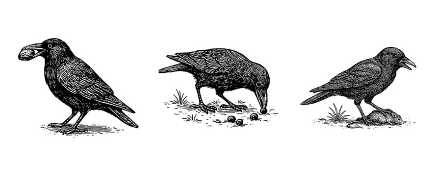 カラスの採食行動を描いたペン画イラスト、Feeding Behavior of Crows &ndash; Ink Illustration
