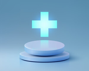 Glowing health symbol sign above a minimalist podium stage for medical product display and scientific technology presentation mockup