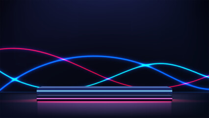 Neon Light Product Display Podium Minimalist Futuristic Tech Showcase Mockup with Intertwining Red and Blue Sine Waves on a Dark Background for Advertising and Marketing