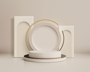 Minimal 3D Display Podium with Gold Accents and Geometric Backdrop for Product Mockup and Elegant Cosmetic Presentation Stage