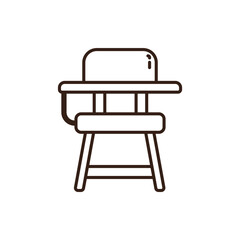 line art of chair with a blue seat and backrest, a light yellow tray, and light yellow legs, all outlined in dark brown