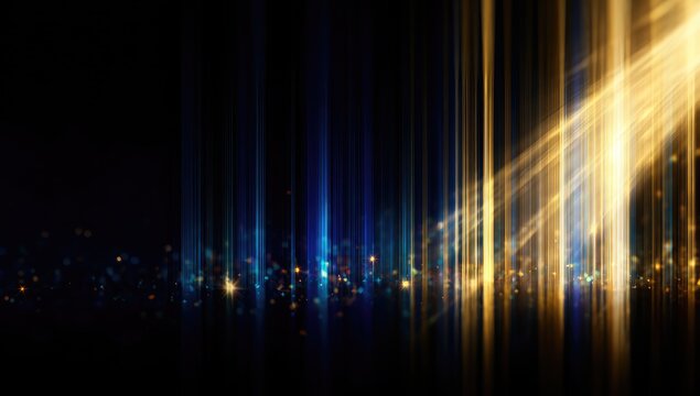 Golden and blue light beams illuminate a dark, abstract digital landscape.