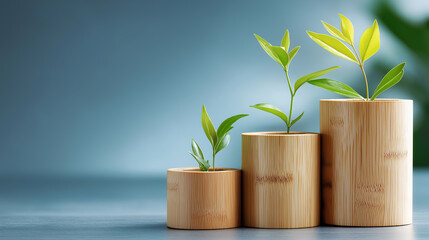 Elegant minimalist composition featuring a small green plant in a wooden pot placed beside a round podium, wrapped in soft blue fabric. Modern nature-inspired background for product display design.
