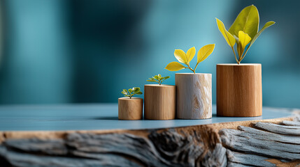 Elegant minimalist composition featuring a small green plant in a wooden pot placed beside a round podium, wrapped in soft blue fabric. Modern nature-inspired background for product display design.